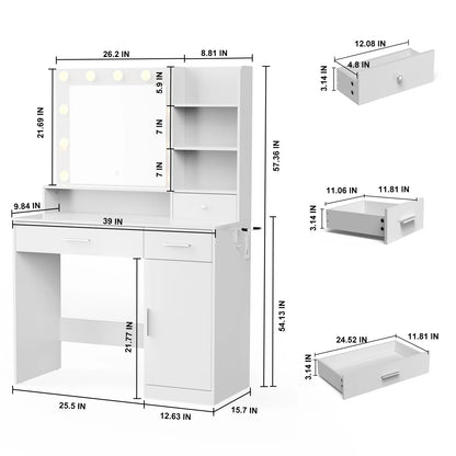 Vanity Desk with Mirror, LED Lights &amp; Adjustable Brightness, Bedroom Dresser