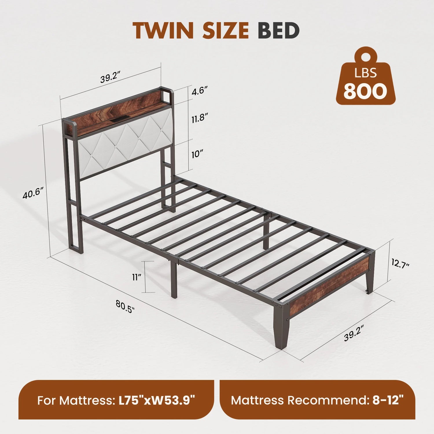 Soft Pack Heavy Duty Metal Bed Frame with Headboard Charging Station For Bedroom
