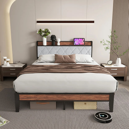Soft Pack Heavy Duty Metal Bed Frame with Headboard Charging Station For Bedroom