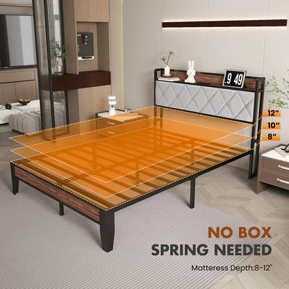 Soft Pack Heavy Duty Metal Bed Frame with Headboard Charging Station For Bedroom