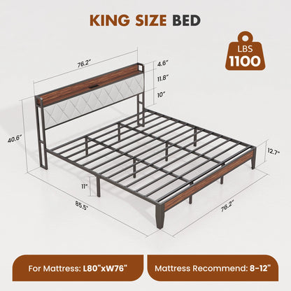 Soft Pack Heavy Duty Metal Bed Frame with Headboard Charging Station For Bedroom