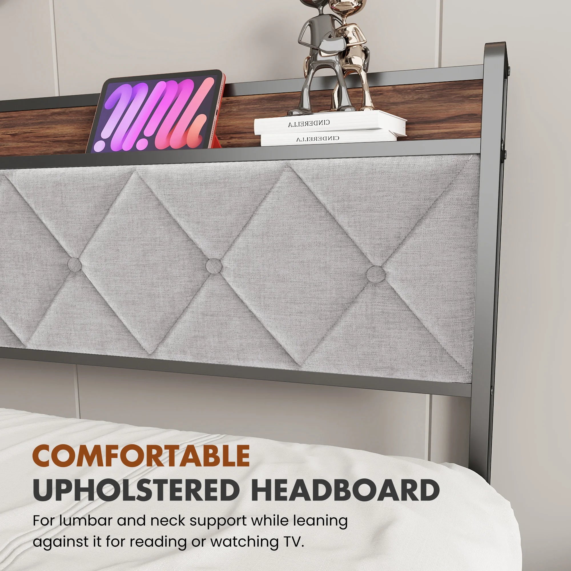 Soft Pack Heavy Duty Metal Bed Frame with Headboard Charging Station For Bedroom