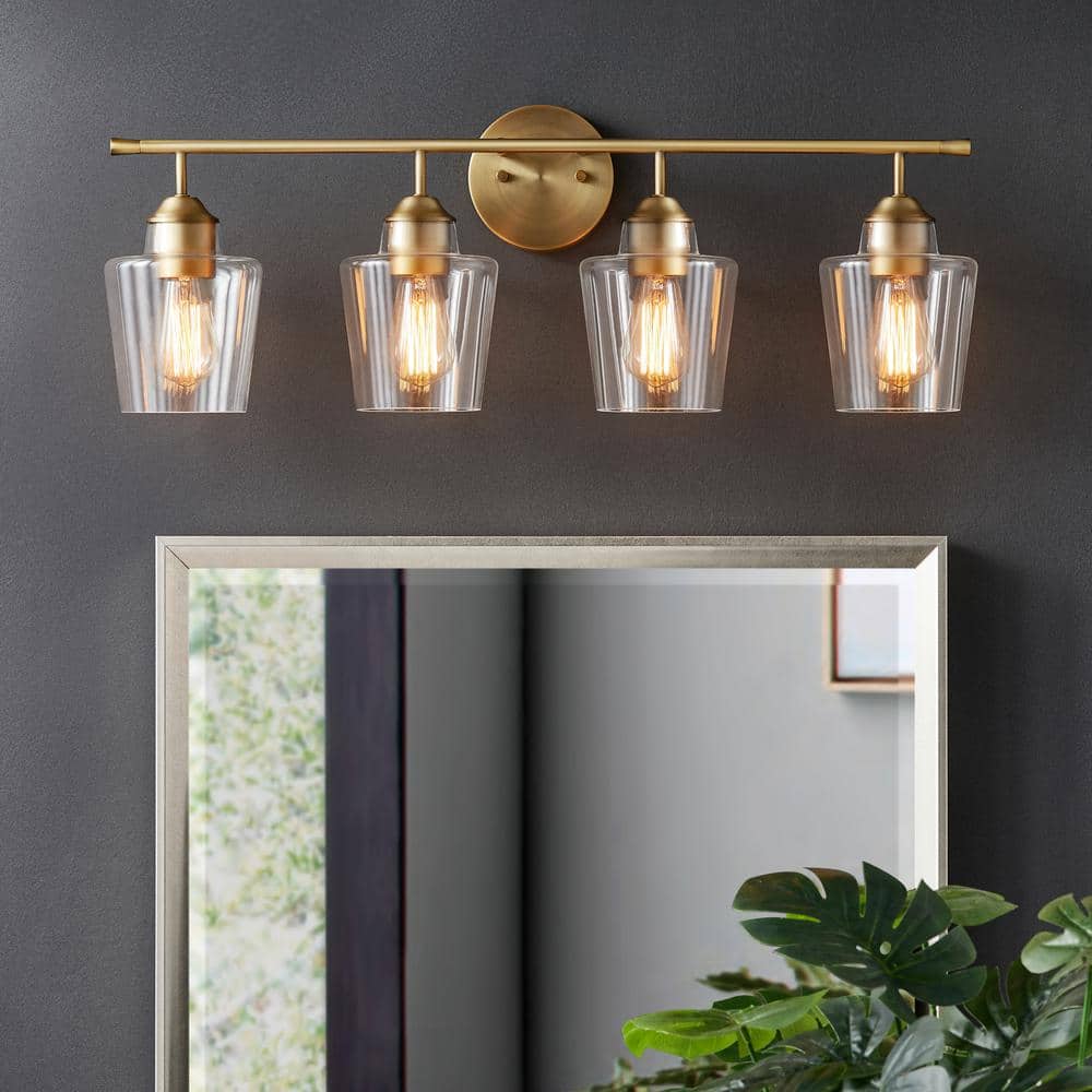 KAWOTI 4-Light Vanity Light for Bathroom  Modern Bathroom Light Fixtures with Glass Shade (Antique Brass) - Like New