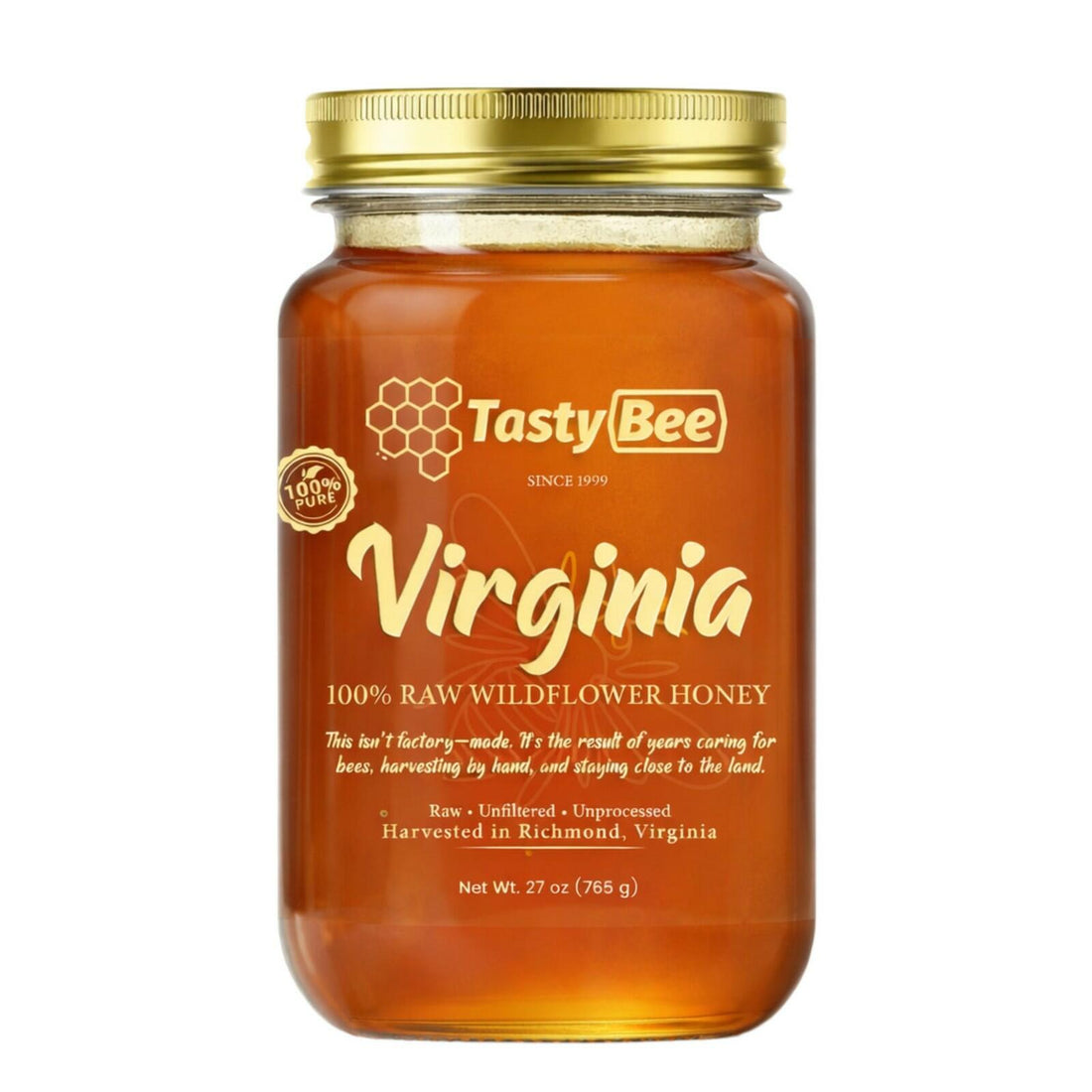 TastyBee 100% Raw Wildflower Honey – Pure, Unfiltered Local Virginia Honey – Hand Harvested, No Additives – Natural Sweetener for Tea, Coffee, Toast, Waffles, Pancakes and More – 27 Oz
