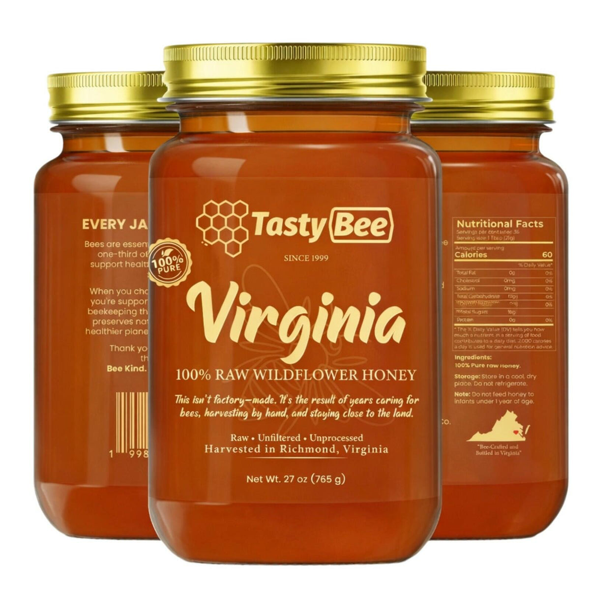 TastyBee 100% Raw Wildflower Honey – Pure, Unfiltered Local Virginia Honey – Hand Harvested, No Additives – Natural Sweetener for Tea, Coffee, Toast, Waffles, Pancakes and More – 27 Oz