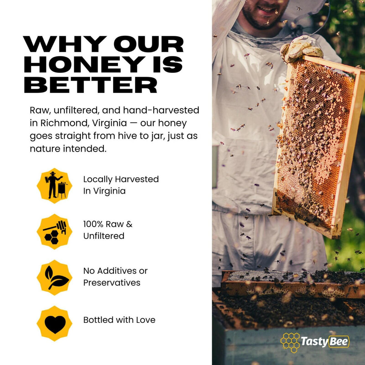 TastyBee 100% Raw Wildflower Honey – Pure, Unfiltered Local Virginia Honey – Hand Harvested, No Additives – Natural Sweetener for Tea, Coffee, Toast, Waffles, Pancakes and More – 27 Oz
