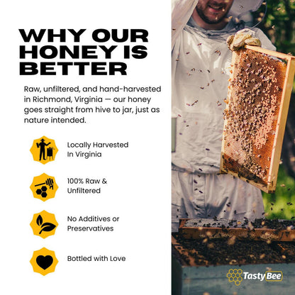 TastyBee 100% Raw Wildflower Honey – Pure, Unfiltered Local Virginia Honey – Hand Harvested, No Additives – Natural Sweetener for Tea, Coffee, Toast, Waffles, Pancakes and More – 27 Oz