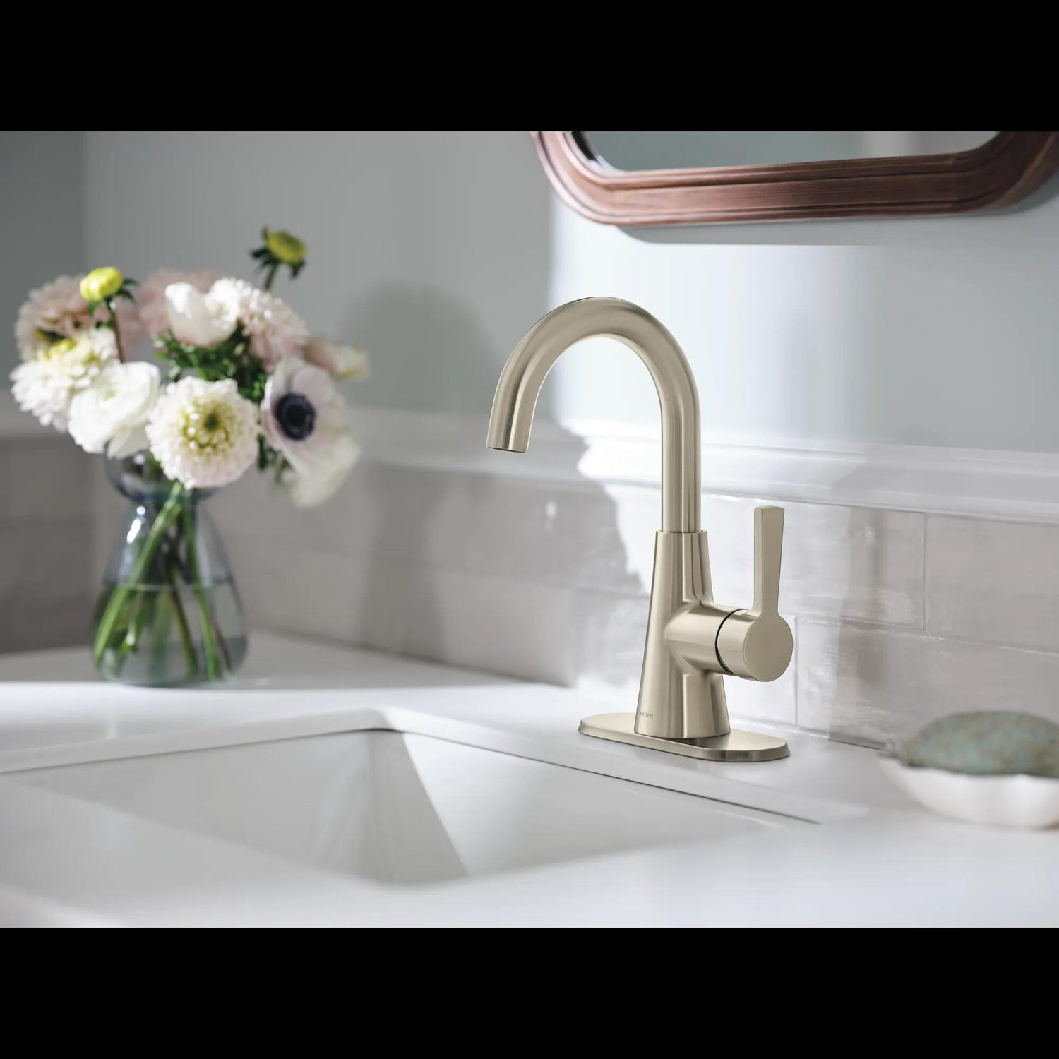 MOEN Jase 64430BN One-Handle Single Hole Bathroom Sink Faucet in Brushed Nickel (Drain Included)