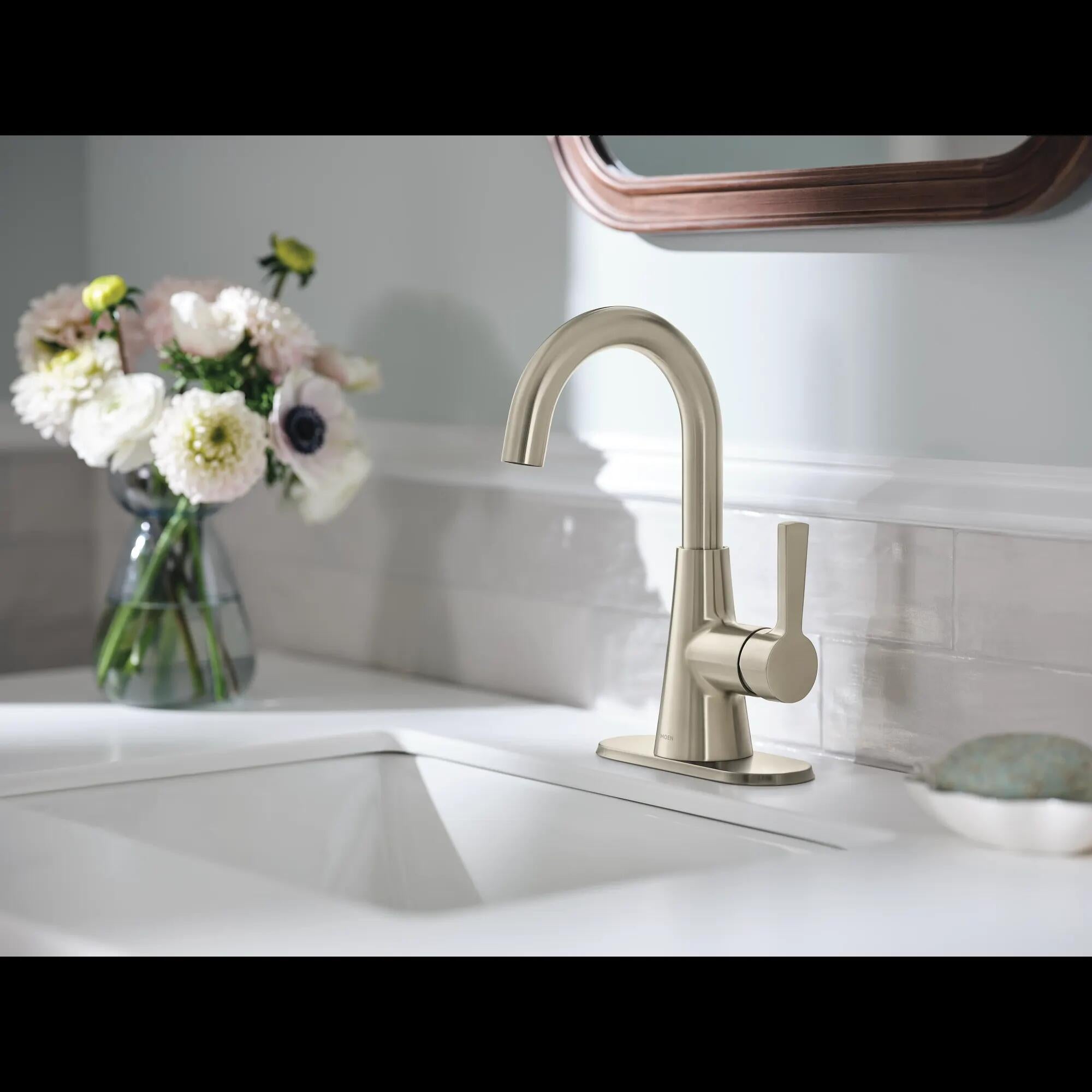 MOEN Jase 64430BN One-Handle Single Hole Bathroom Sink Faucet in Brushed Nickel (Drain Included)
