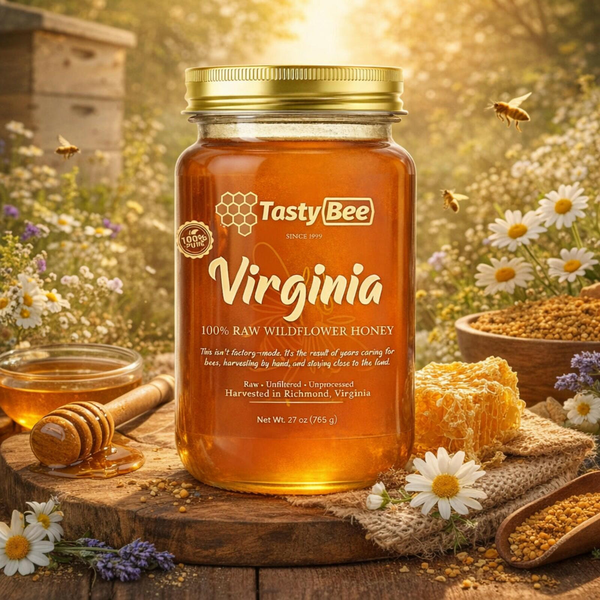 TastyBee 100% Raw Wildflower Honey – Pure, Unfiltered Local Virginia Honey – Hand Harvested, No Additives – Natural Sweetener for Tea, Coffee, Toast, Waffles, Pancakes and More – 27 Oz