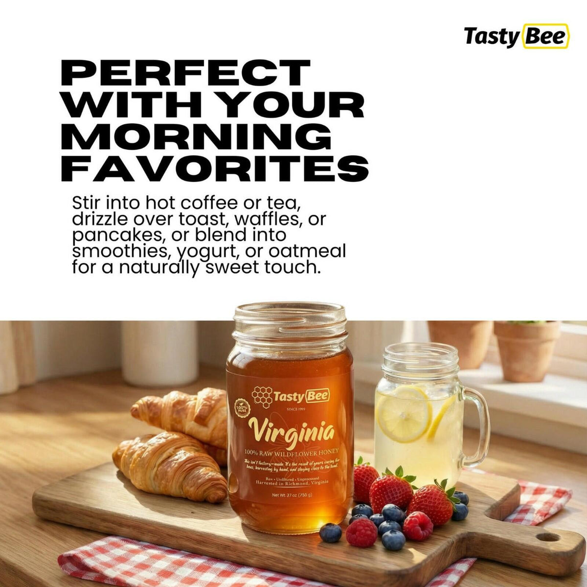 TastyBee 100% Raw Wildflower Honey – Pure, Unfiltered Local Virginia Honey – Hand Harvested, No Additives – Natural Sweetener for Tea, Coffee, Toast, Waffles, Pancakes and More – 27 Oz