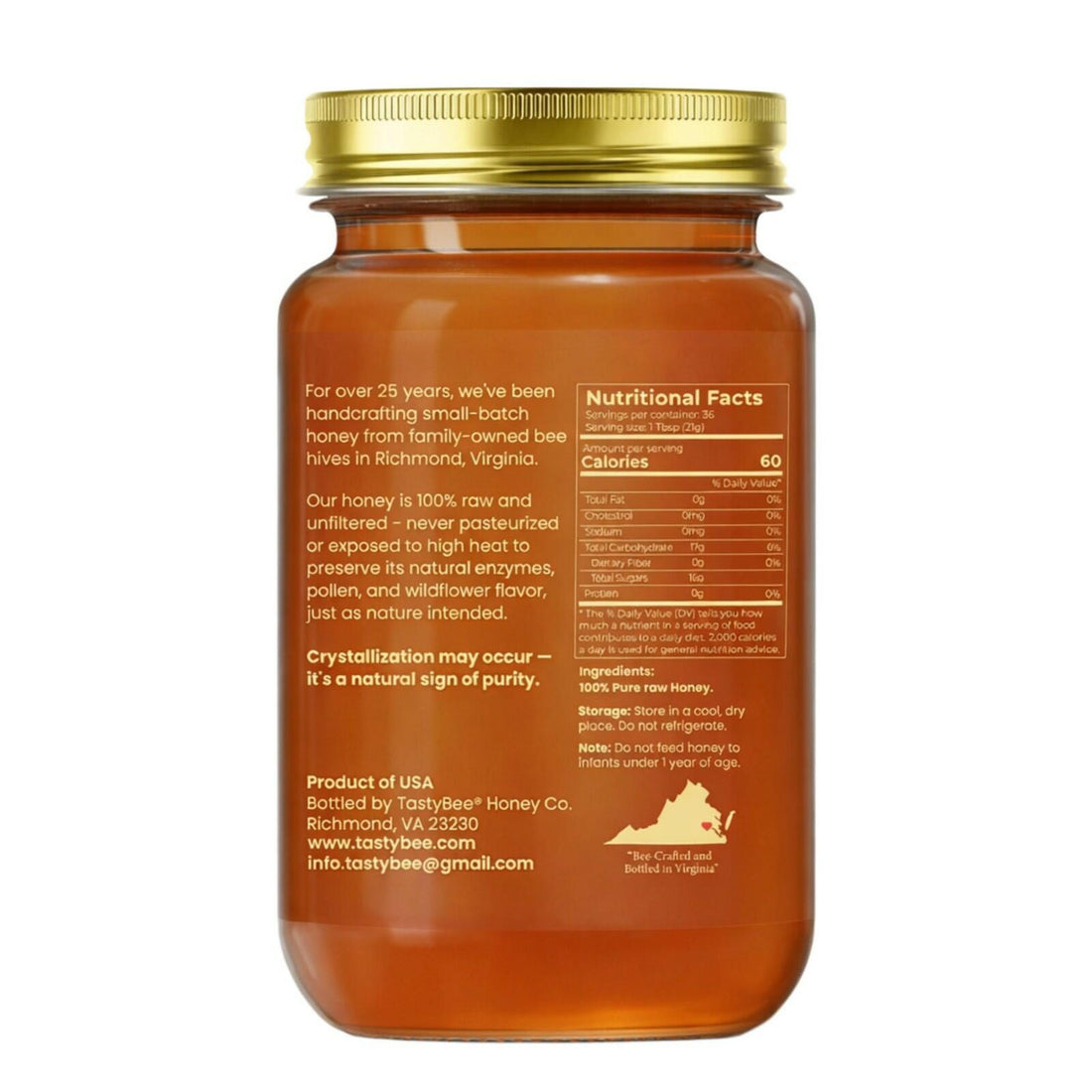 TastyBee 100% Raw Wildflower Honey – Pure, Unfiltered Local Virginia Honey – Hand Harvested, No Additives – Natural Sweetener for Tea, Coffee, Toast, Waffles, Pancakes and More – 27 Oz