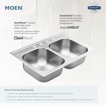 MOEN 2000 Series GS20214B 31-3/4" x 18-1/4" 50/50 Double-Bowl Undermount Kitchen Sink in Brushed Stainless Steel