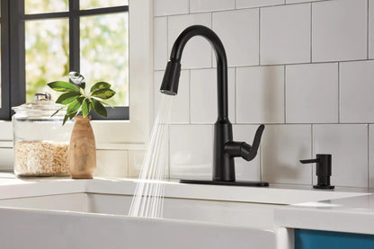 MOEN Edwyn 87028BL Single Handle Pull-Down Handle Kitchen Faucet in Matte Black (Deck Plate Included)