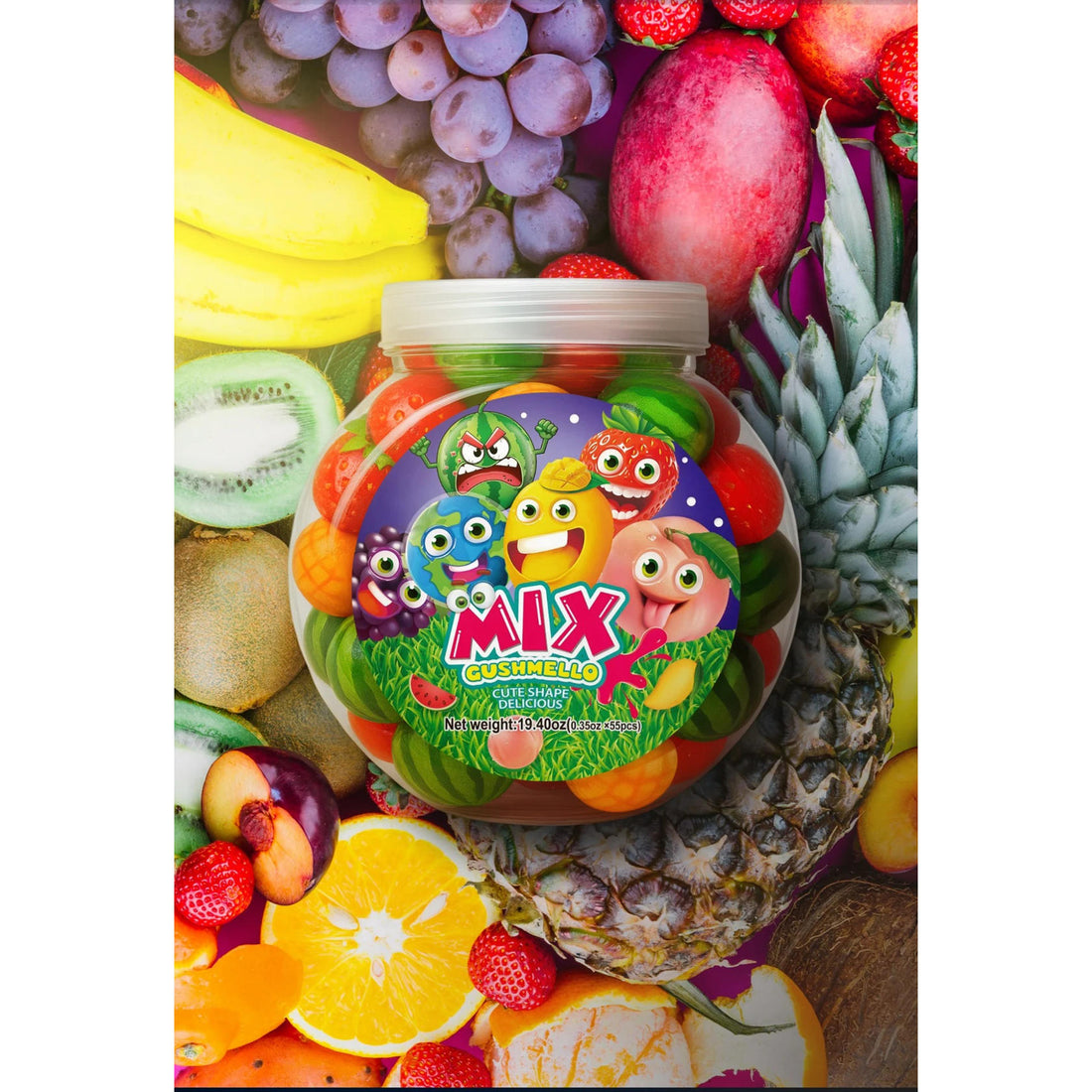 Zoomi Gushmello Candy Fruity Gummy Marshmallow Filled Center 55 Pieces Jar