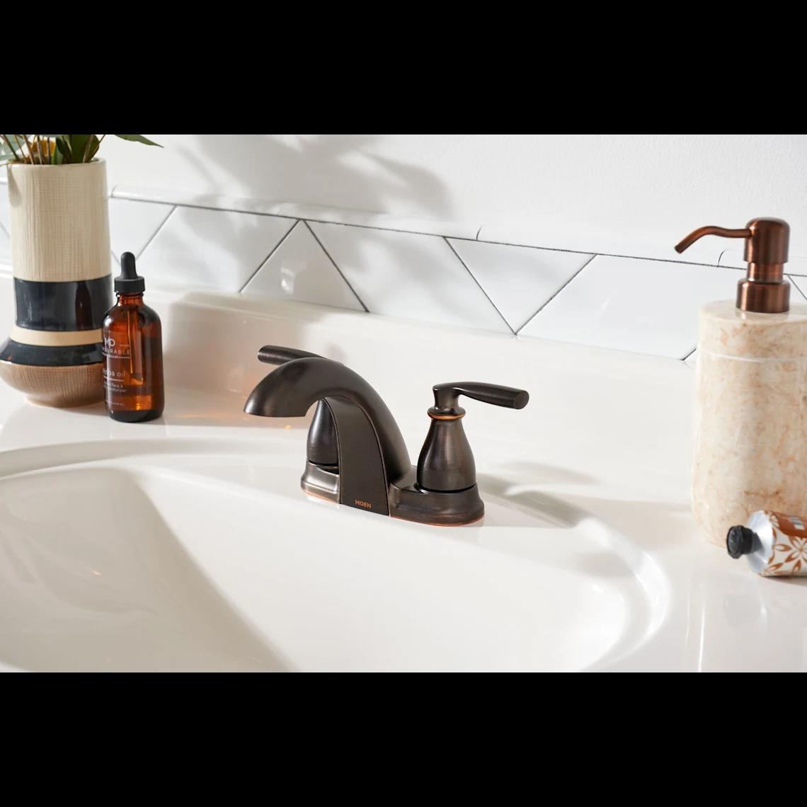 MOEN Hilliard 84532BRB Two-Handle 4-Inch Centerset Bathroom Faucet in Mediterranean Bronze (Drain Included)