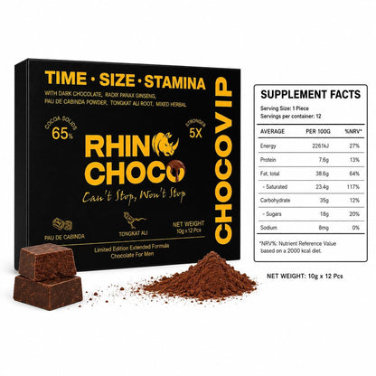 Rhino Choco for Him, Natural Chocolate with 100% Mixed Herbs (Pack of 12 Pieces)