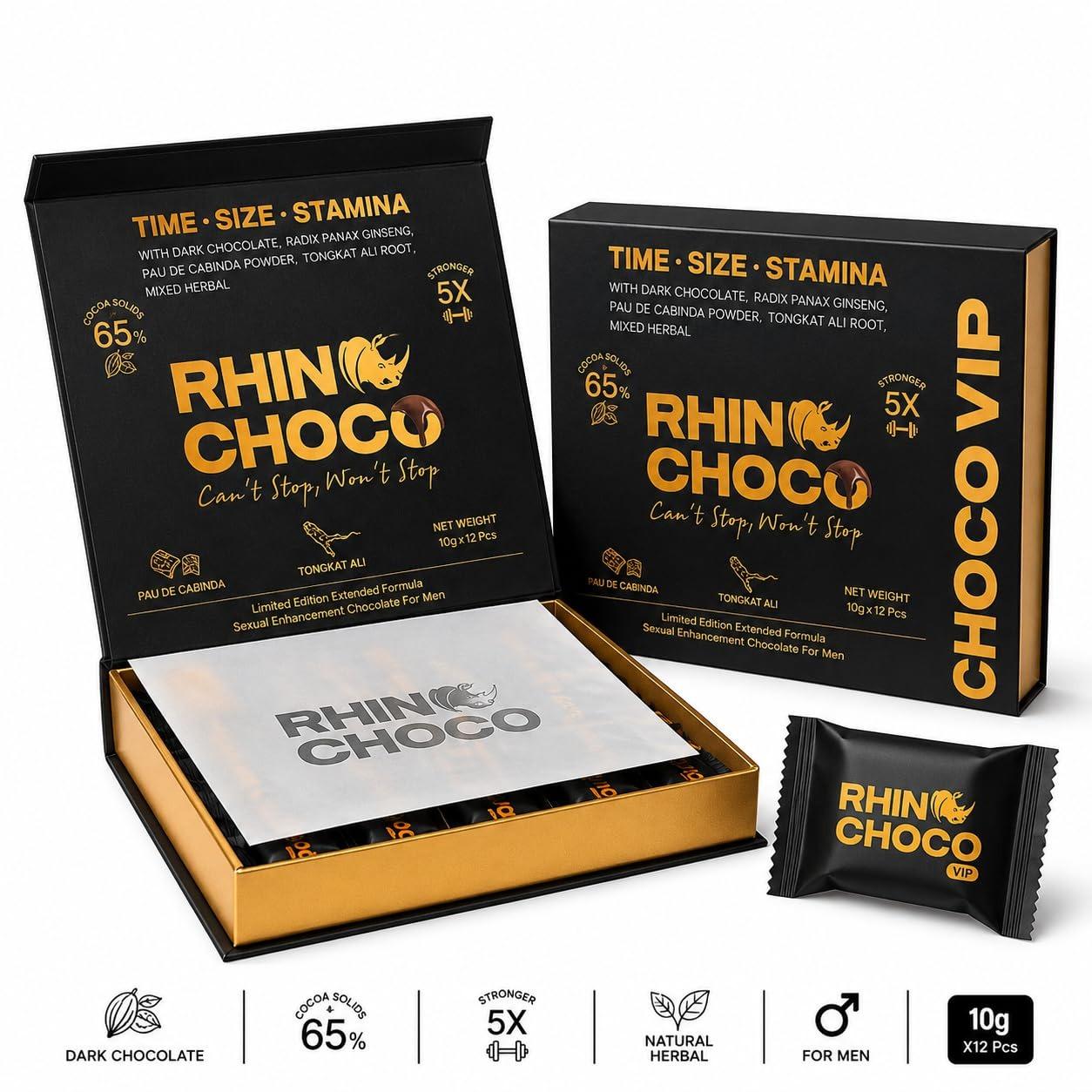 Rhino Choco for Him, Natural Chocolate with 100% Mixed Herbs (Pack of 12 Pieces)