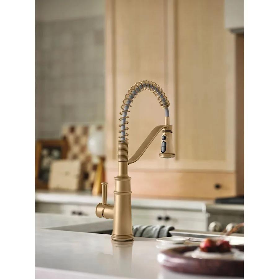 MOEN Belfield 5927BZG One-Handle Pre-Rinse Spring Pulldown Kitchen Faucet with Power Boost in Bronzed Gold