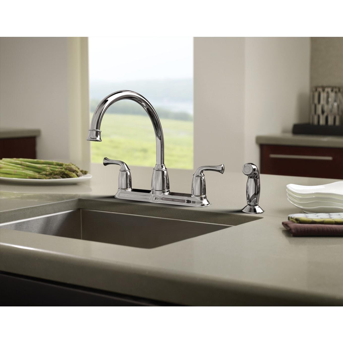 MOEN Banbury CA87553 Double Handle Mid-Arc Standard Kitchen Faucet with Side Sprayer in Chrome