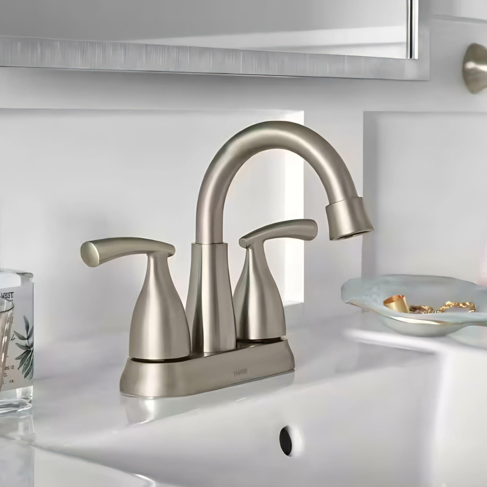 MOEN Essie 84128SRN Two Handle Centerset Bathroom Faucet in Spot Resist Brushed Nickel