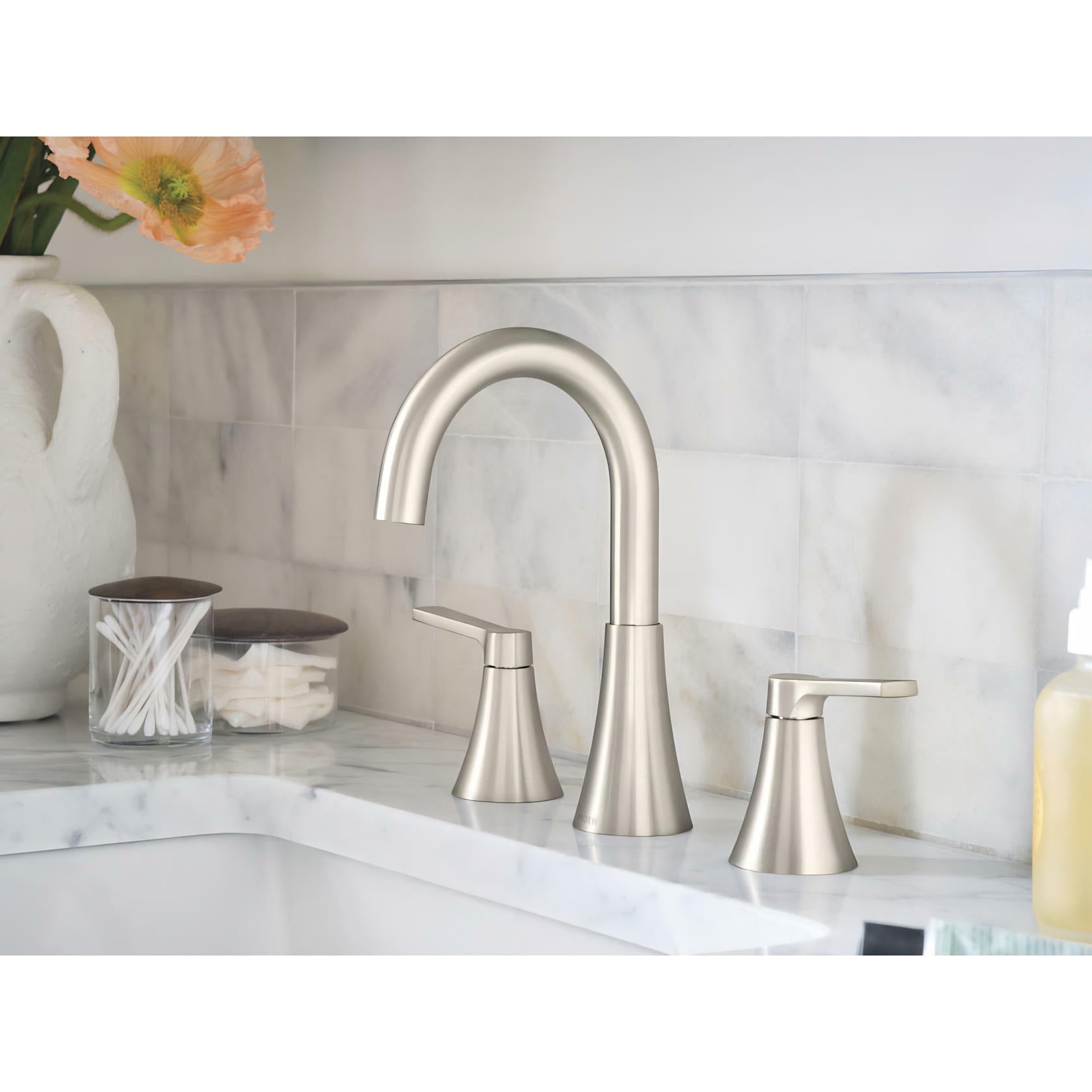 MOEN Mikah 84312SRN Two-Handle Widespread Bathroom Sink Faucet in Spot Resist Brushed Nickel