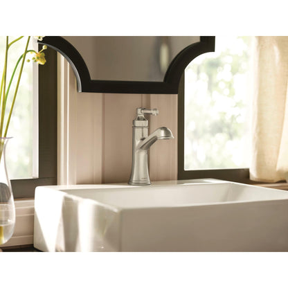 MOEN Dartmoor 6803BN 1-Handle 1-Hole Bathroom Faucet with Drain Kit Included in Brushed Nickel