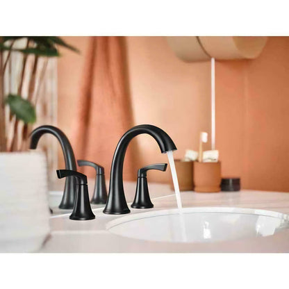MOEN Korek 84468BL Widespread Double Handle High-Arc Bathroom Faucet with Valve in Matte Black
