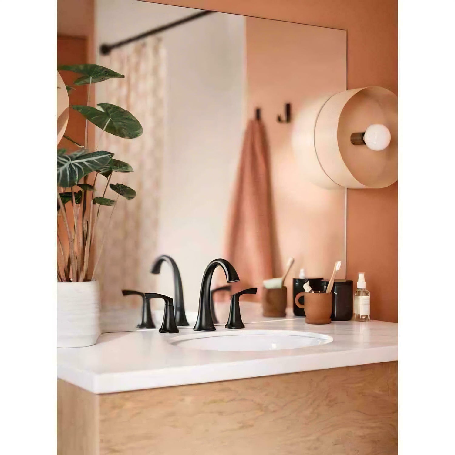 MOEN Korek 84468BL Widespread Double Handle High-Arc Bathroom Faucet with Valve in Matte Black