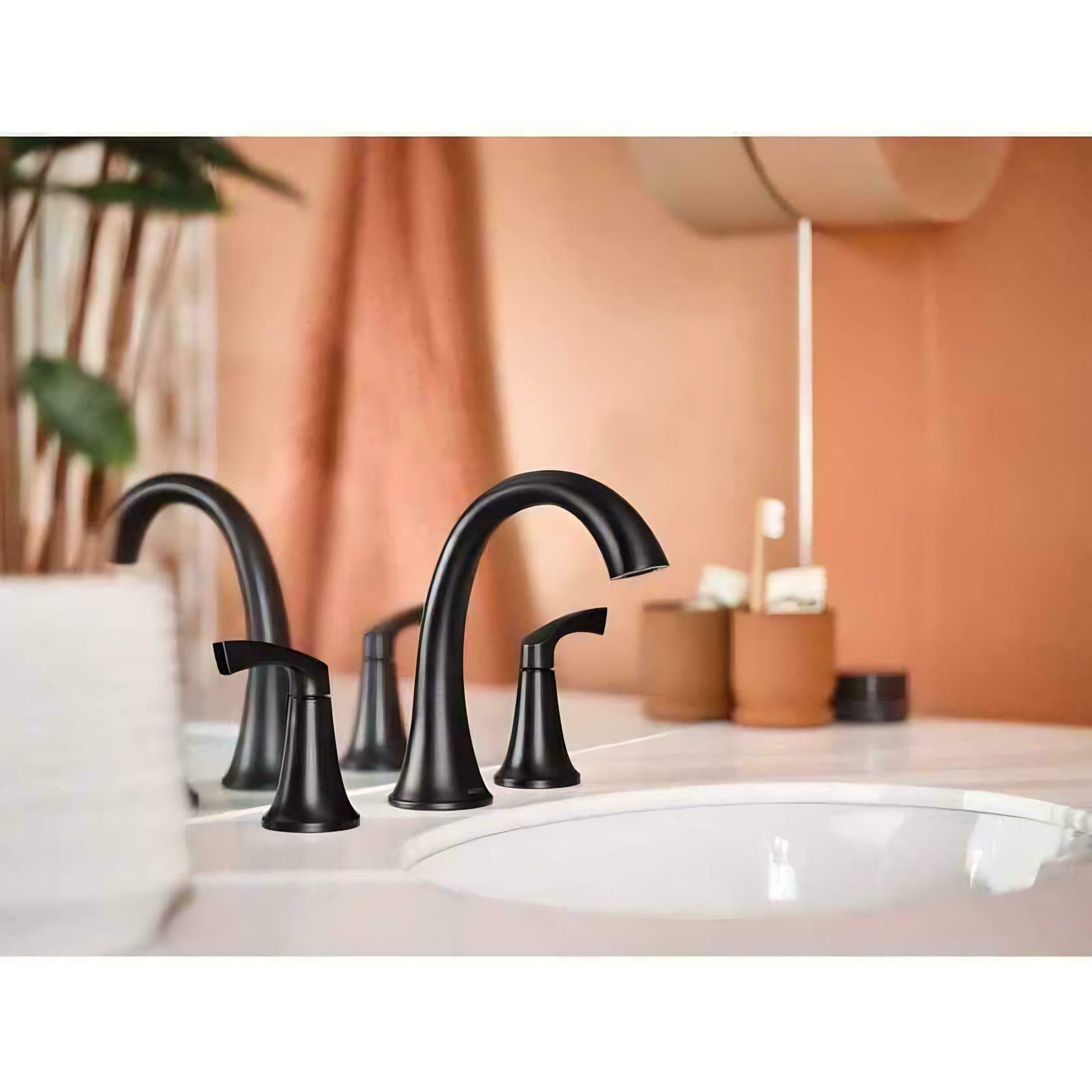 MOEN Korek 84468BL Widespread Double Handle High-Arc Bathroom Faucet with Valve in Matte Black