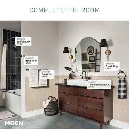 MOEN Banbury 84947BL Widespread Double-Handle High-Arc Bathroom Faucet with Drain Kit and Valve Included in Matte Black