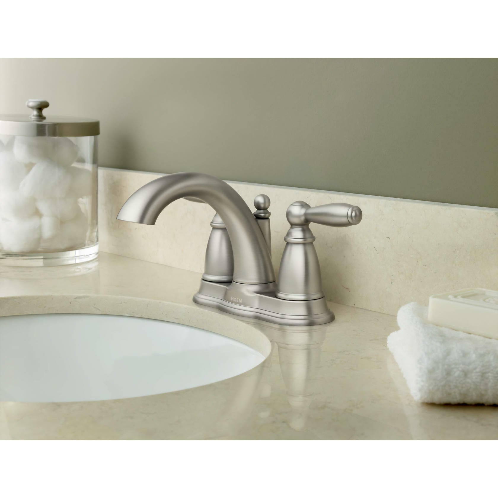 MOEN Brantford 6610BN Centerset 2-Handle Low-Arc Bathroom Faucet in Brushed Nickel with Metal Drain Assembly