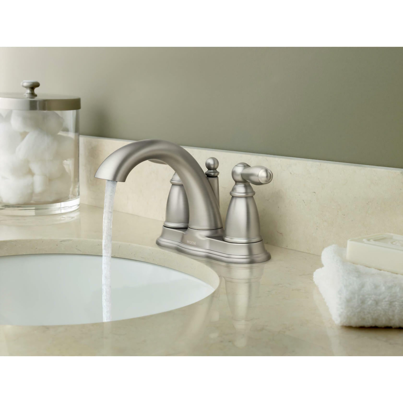 MOEN Brantford 6610BN Centerset 2-Handle Low-Arc Bathroom Faucet in Brushed Nickel with Metal Drain Assembly