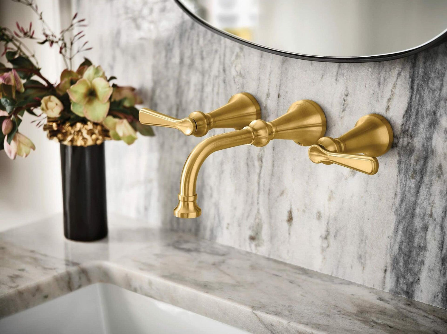 MOEN Colinet TS44104BG Traditional Lever Handle Wall Mount Widespread Bathroom Faucet in Brushed Gold (Valve Required)