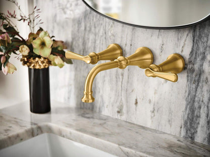 MOEN Colinet TS44104BG Traditional Lever Handle Wall Mount Widespread Bathroom Faucet in Brushed Gold (Valve Required)