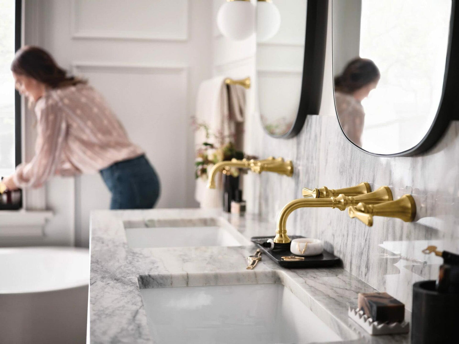 MOEN Colinet TS44104BG Traditional Lever Handle Wall Mount Widespread Bathroom Faucet in Brushed Gold (Valve Required)