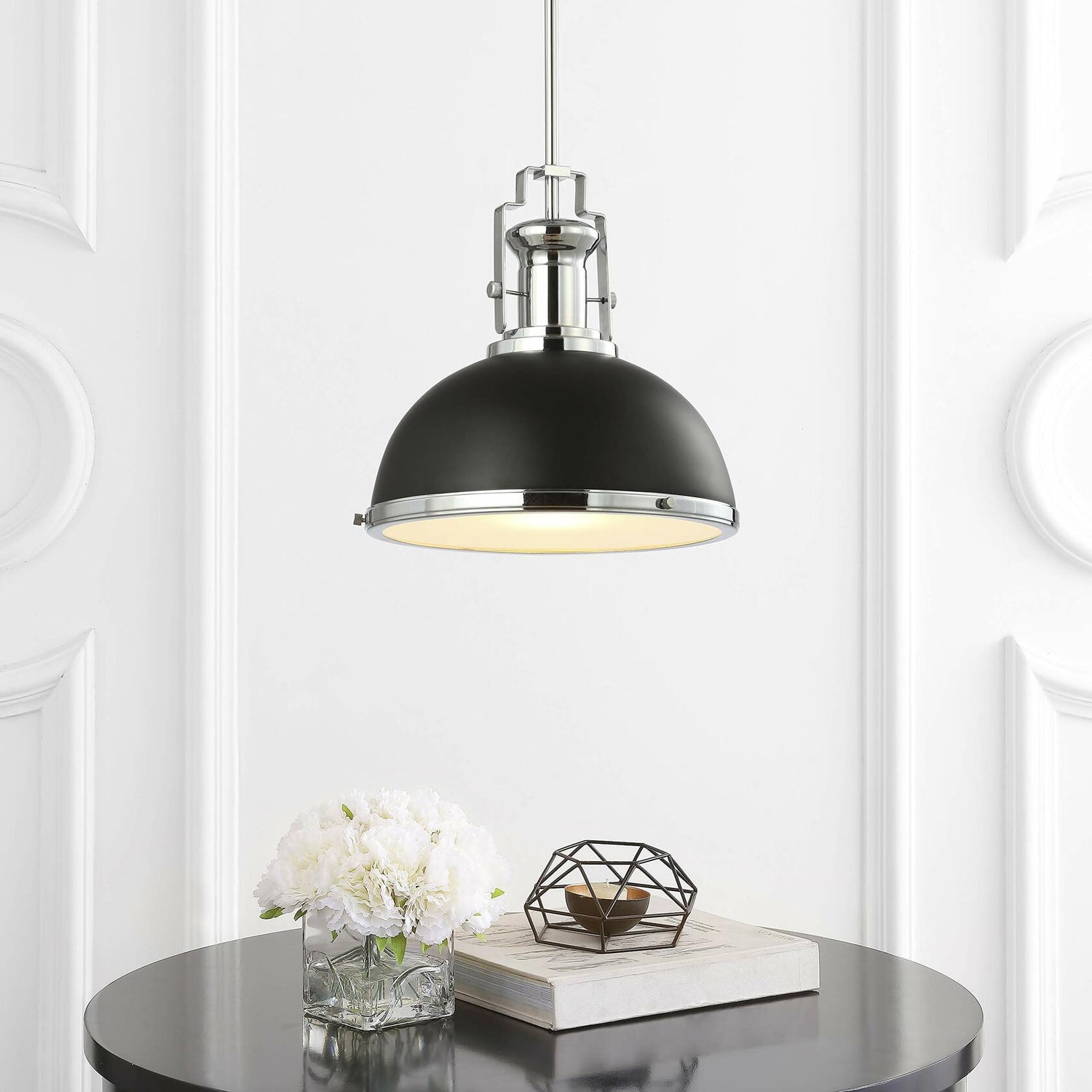 JONATHAN Y JYL9536B Homer 13" Adjustable Iron/Glass Vintage LED Kitchen Pendant for Living Room Bedroom, Classic Cottage, Black/Chrome