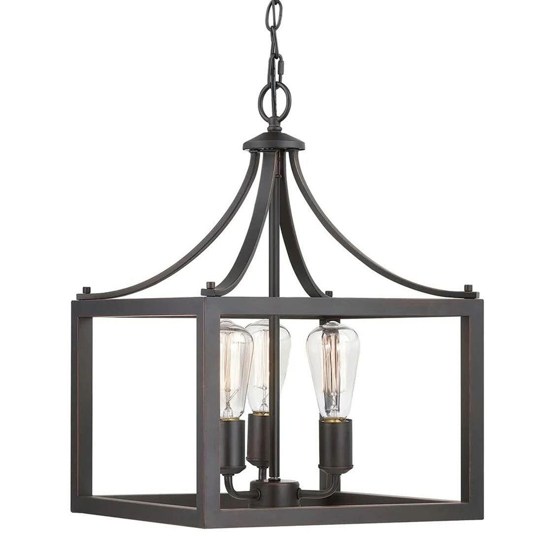 Hampton Bay Boswell Quarter Distressed Black Farmhouse Chandelier, 3-Light Pendant Chandelier/Fresh Three-Light Pendant/Vintage Bulbs to Enhance Features in Kitchen - Like New