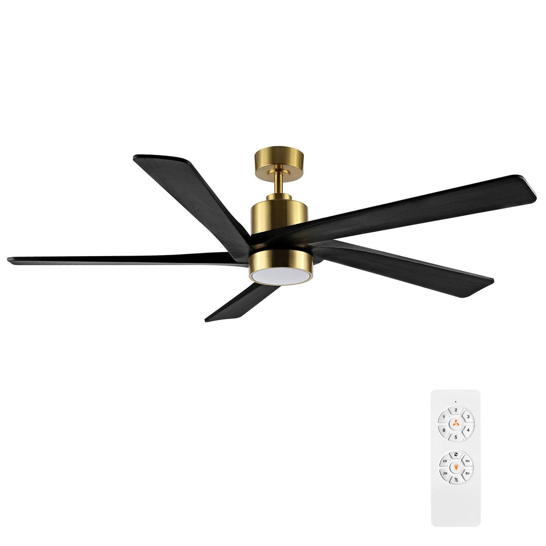 WINGBO 64 Inch DC Ceiling Fan with Lights and Remote Control, 5 Reversible Carved Wood Blades, 6-Speed Noiseless DC Motor, Modern Ceiling Fan in Brass Finish with Balck Blades, ETL Listed - Like New