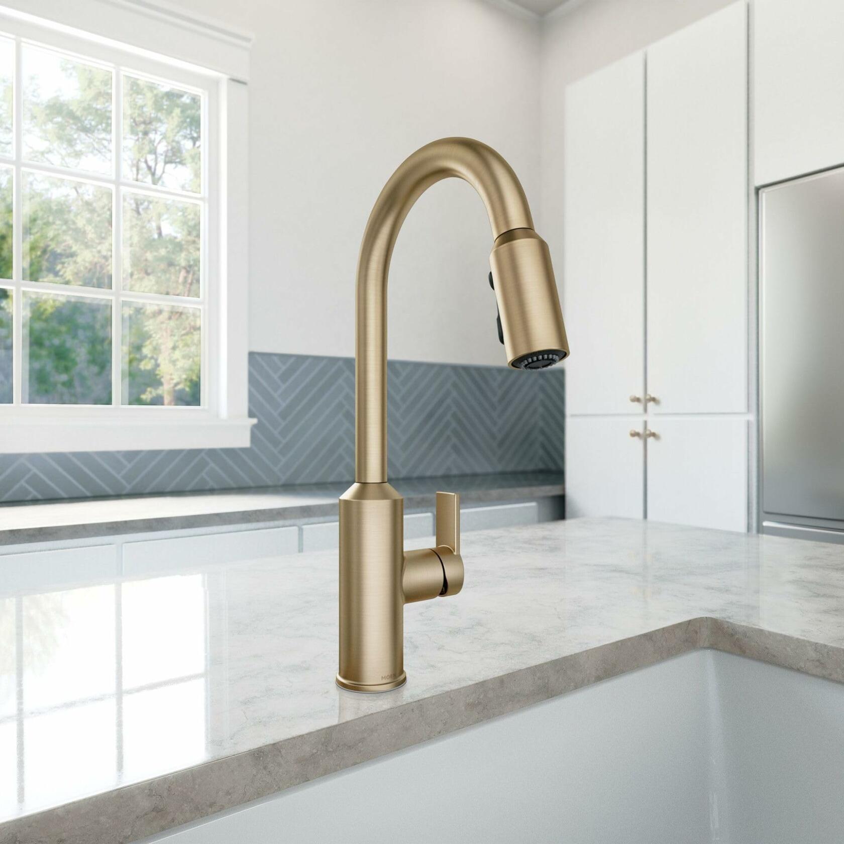 MOEN Meena 87270BZG Pull Down Sprayer Kitchen Faucet with 360 Degree Spout Swivel and Power Boost in Bronzed Gold