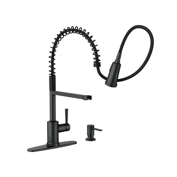 MOEN Indi 87194BL Single-Handle Pre-Rinse Spring Pulldown Sprayer Kitchen Faucet with Power Clean in Matte Black