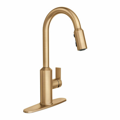 MOEN Meena 87270BZG Pull Down Sprayer Kitchen Faucet with 360 Degree Spout Swivel and Power Boost in Bronzed Gold