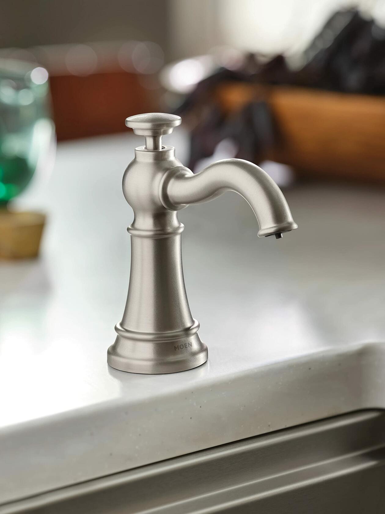 Moen S3945SRS Traditional Deck Mounted Kitchen Soap Dispenser with Above the Sink Refillable Bottle, Spot Resist Stainless