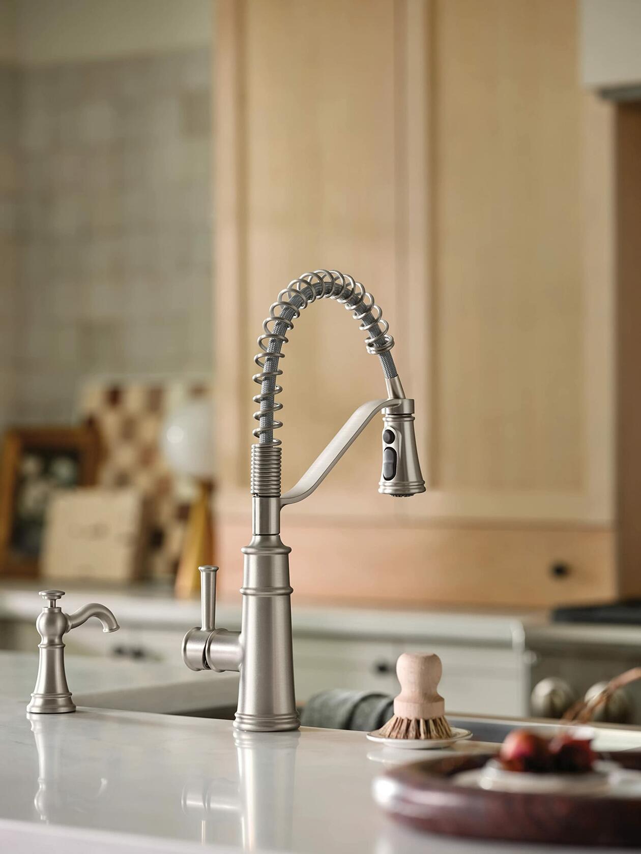 Moen S3945SRS Traditional Deck Mounted Kitchen Soap Dispenser with Above the Sink Refillable Bottle, Spot Resist Stainless