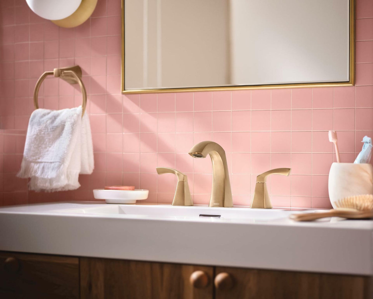 MOEN Lindor 84504BG Widespread Two Handle High-Arc Bathroom Sink Faucet in Brushed Gold