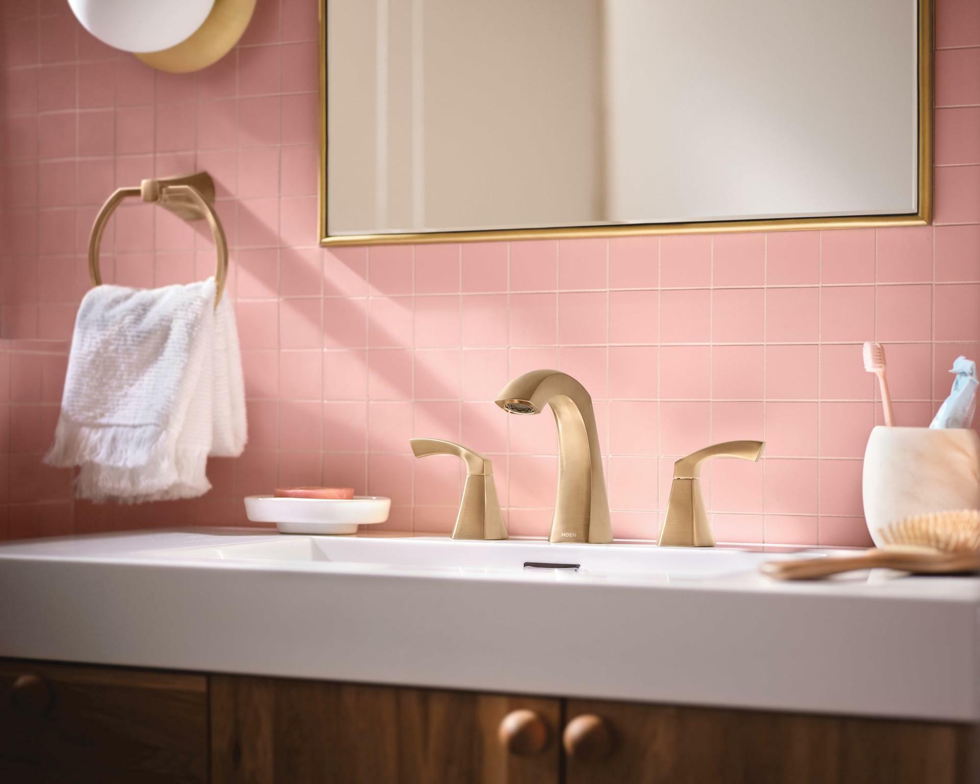 MOEN Lindor 84504BG Widespread Two Handle High-Arc Bathroom Sink Faucet in Brushed Gold