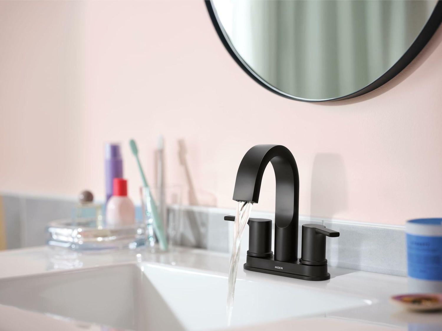 MOEN Avri 84153BL Two Handle High-arc Bathroom Sink Faucet with Drain in Matte Black