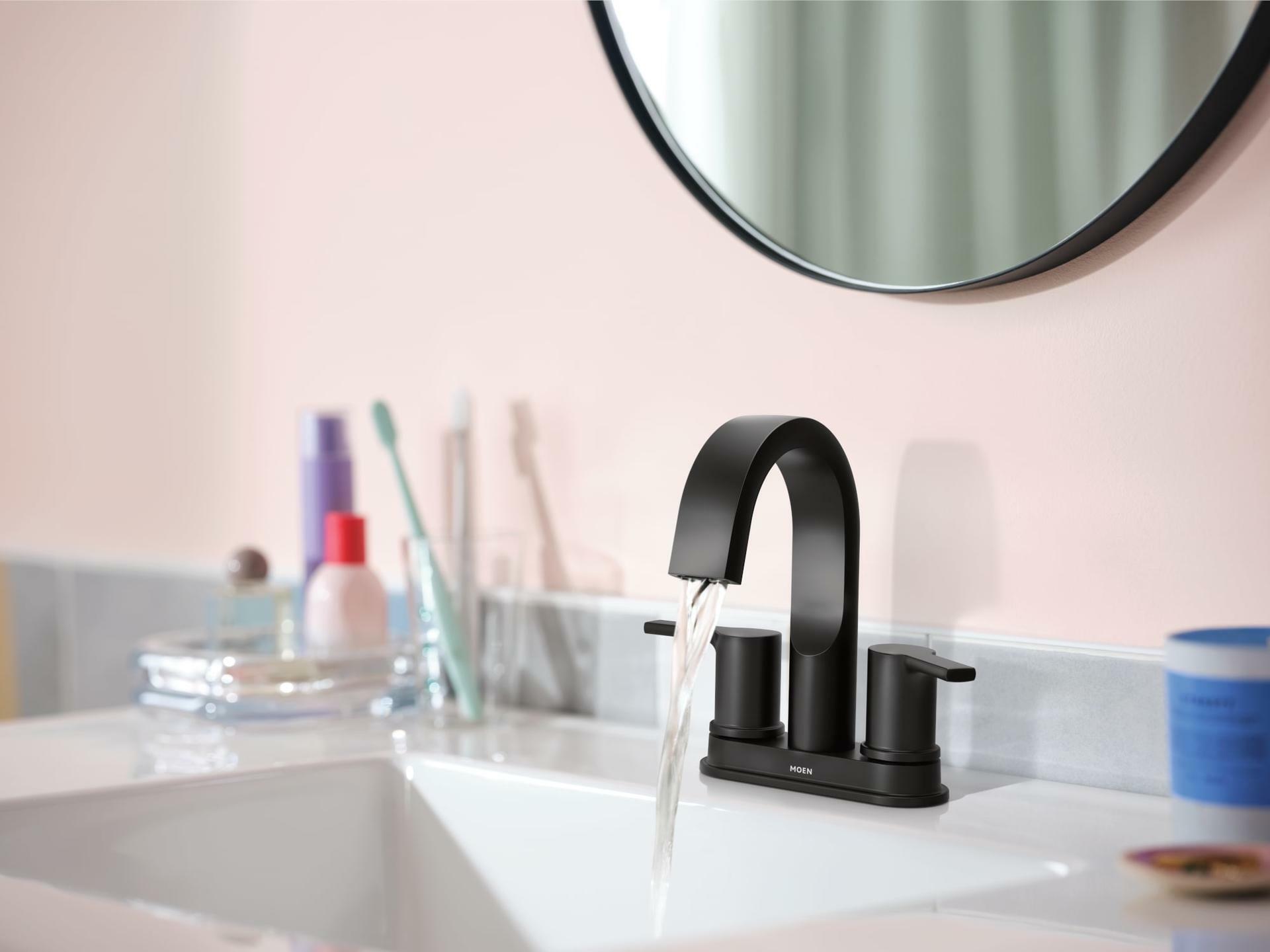 MOEN Avri 84153BL Two Handle High-arc Bathroom Sink Faucet with Drain in Matte Black