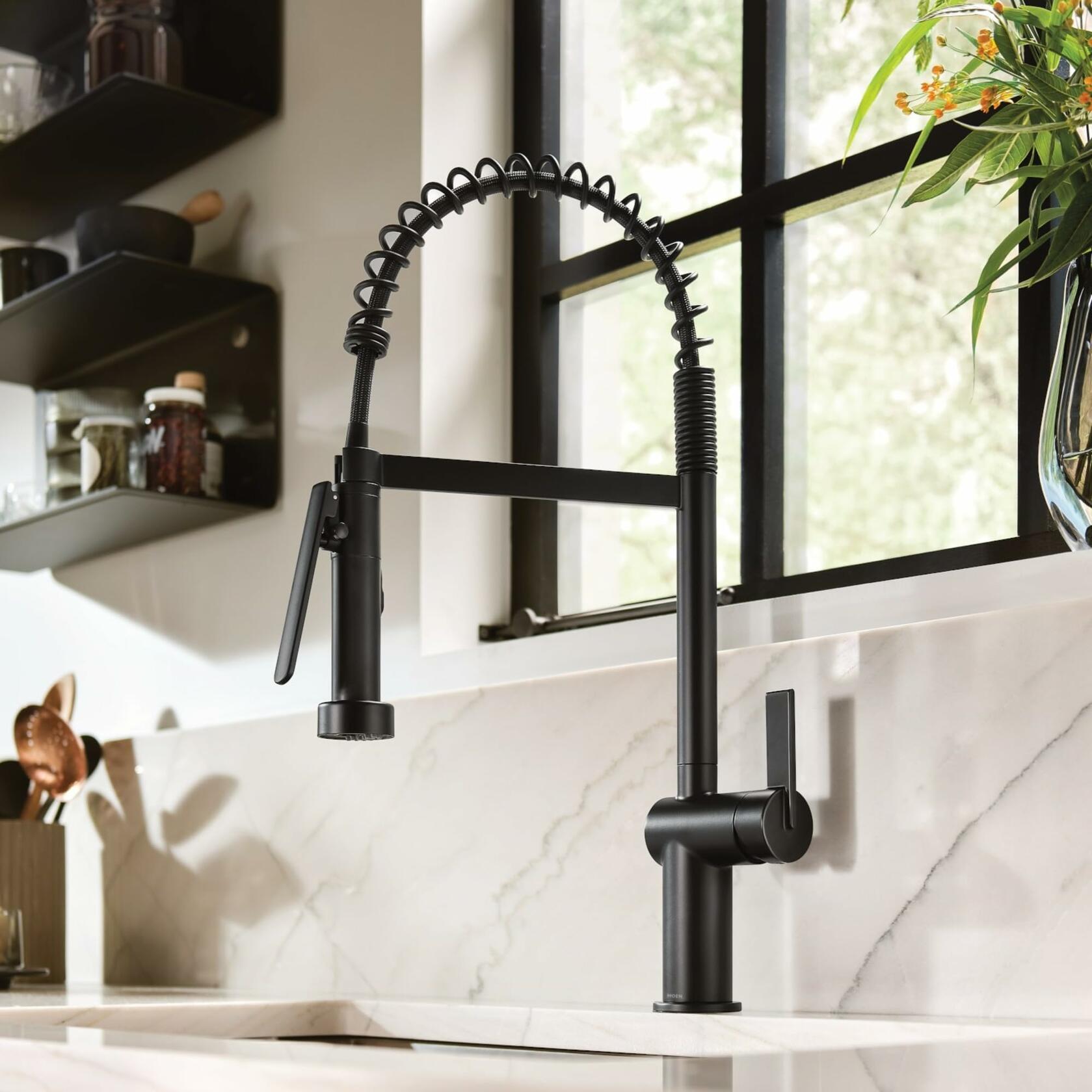 MOEN CIA 7822BL Pre-Rinse Spring Kitchen Faucet with PowerBoost Pro in Matte Black