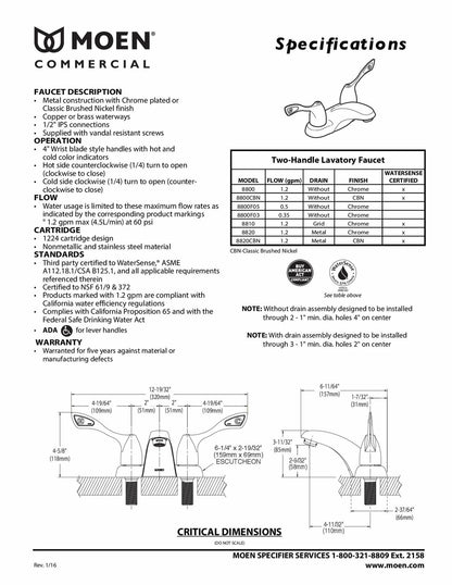 Moen 8800 M-Bition 4-Inch Two Handle Centerset Lavatory Faucet 1.5 gpm, 1, Chrome
